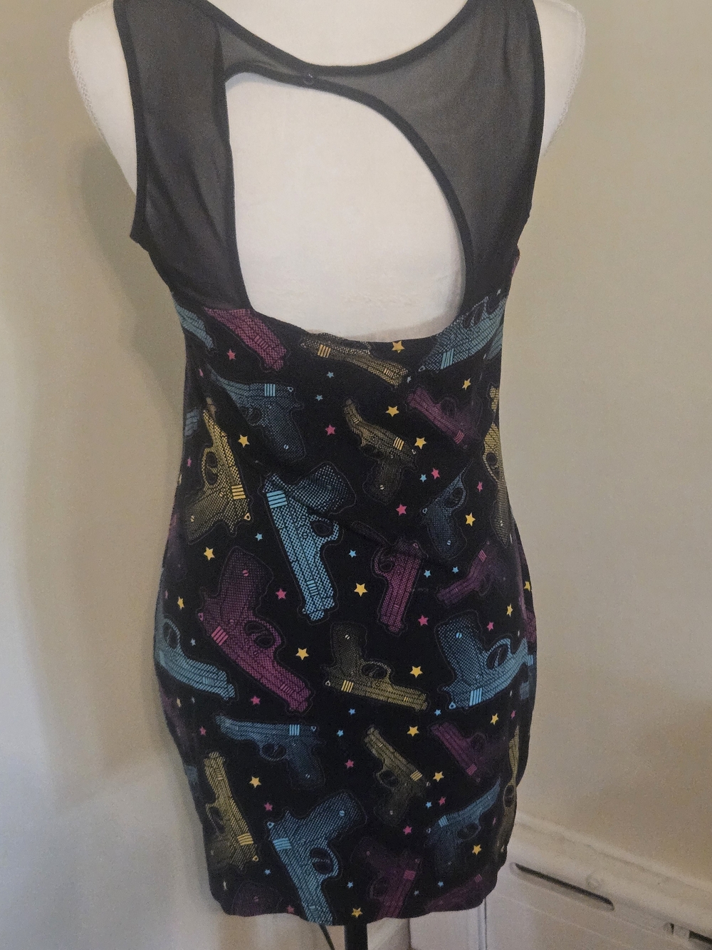 Too Fast Bodycon Dress with Multicolor Gun Print and Yellow Zip - Picture 2 of 4